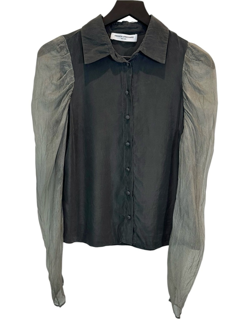 Amanda Uprichard Dark Gray Sheer Long Sleeve Button Up 100% Silk Shirt